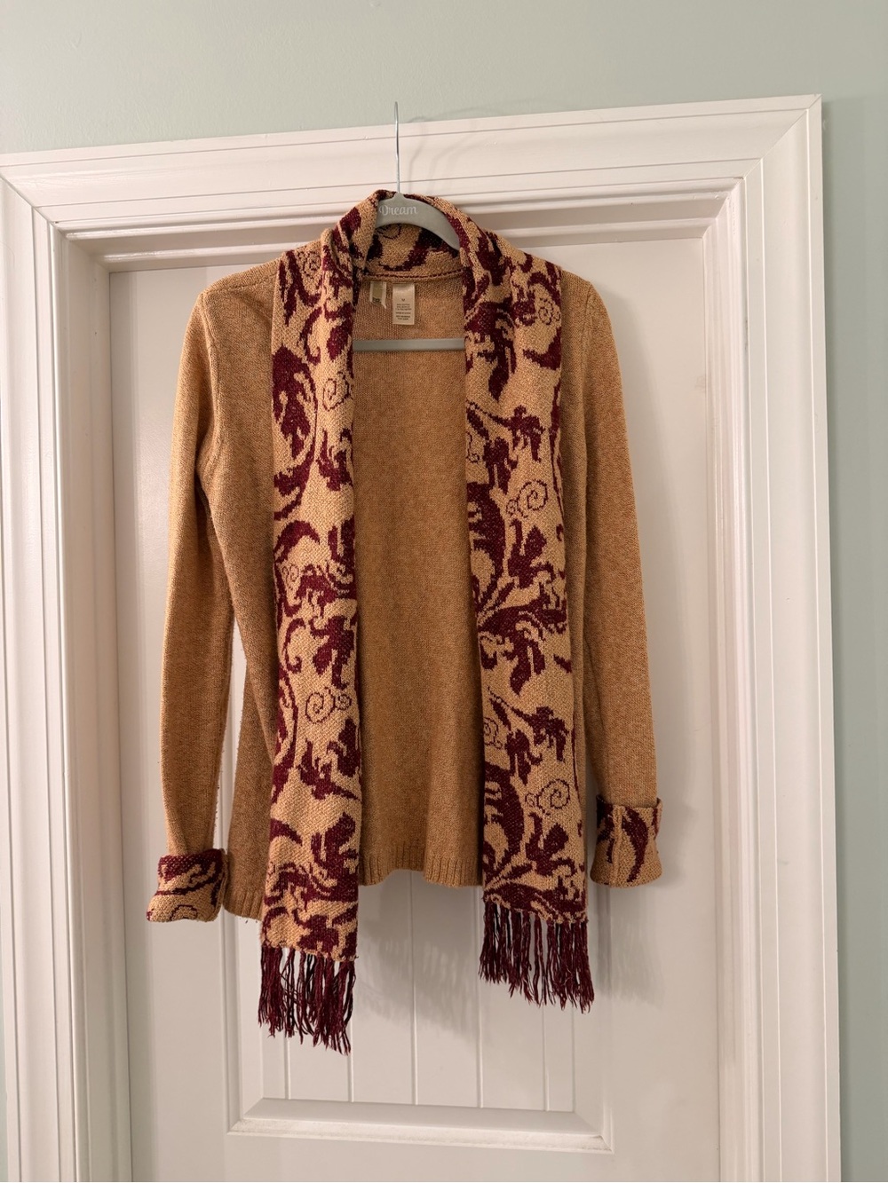 BKE Camel Cardigan with Burgundy Patterned Scarf Trim